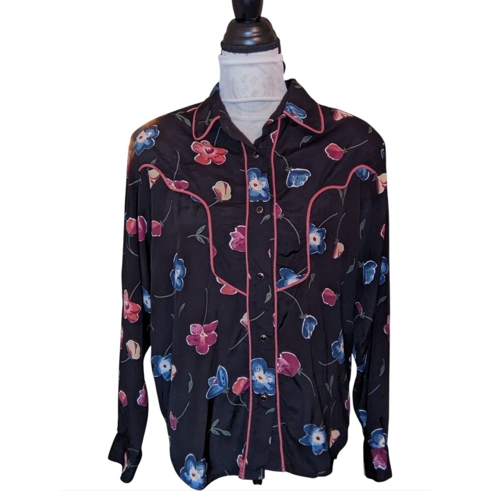 Vtg ROPER Women's Cowgirl Snap Western Shirt Black Floral Soft Sz M